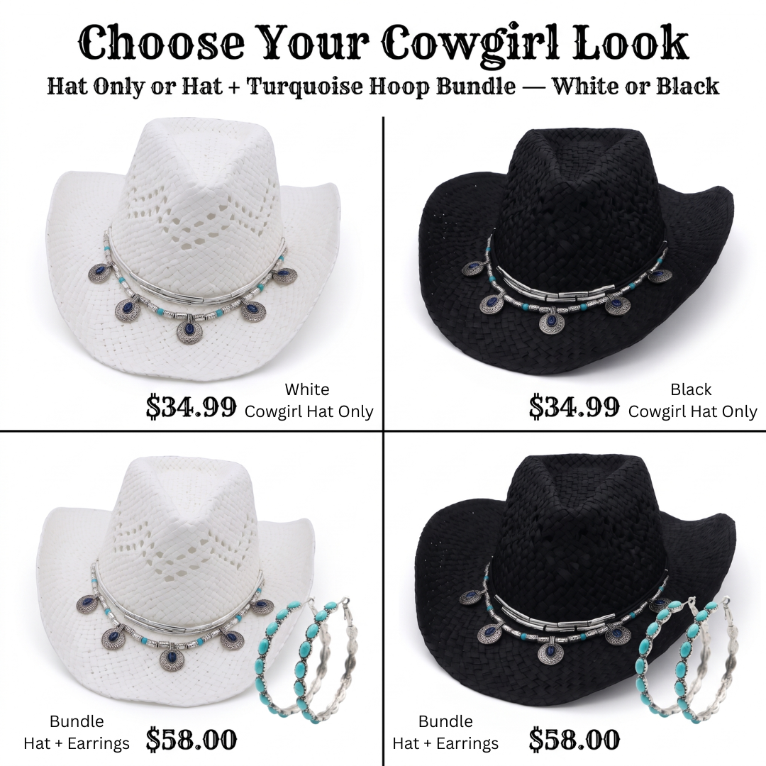 Image of A 2x2 promotional grid for a cowboy hat look option titled 'Choose Your Cowgirl Look.' The grid shows four product variants: two white cowboy hats and two black cowboy hats, each with turquoise hoop earrings and silver conchos/beads.