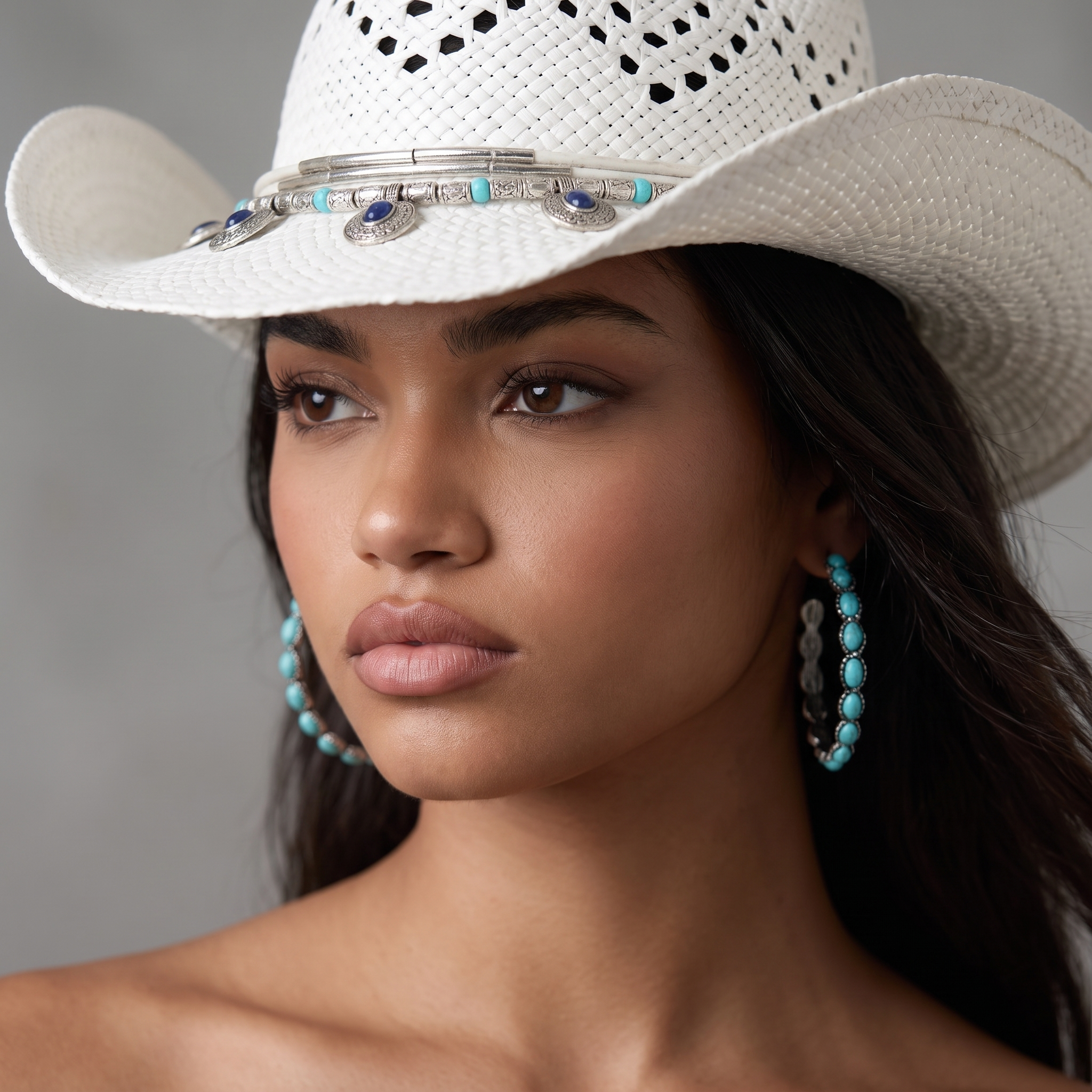 Image of A close-up portrait of a woman wearing a white woven cowboy hat with a decorative silver band featuring blue accents, paired with matching turquoise hoop earrings, against a soft gray background.