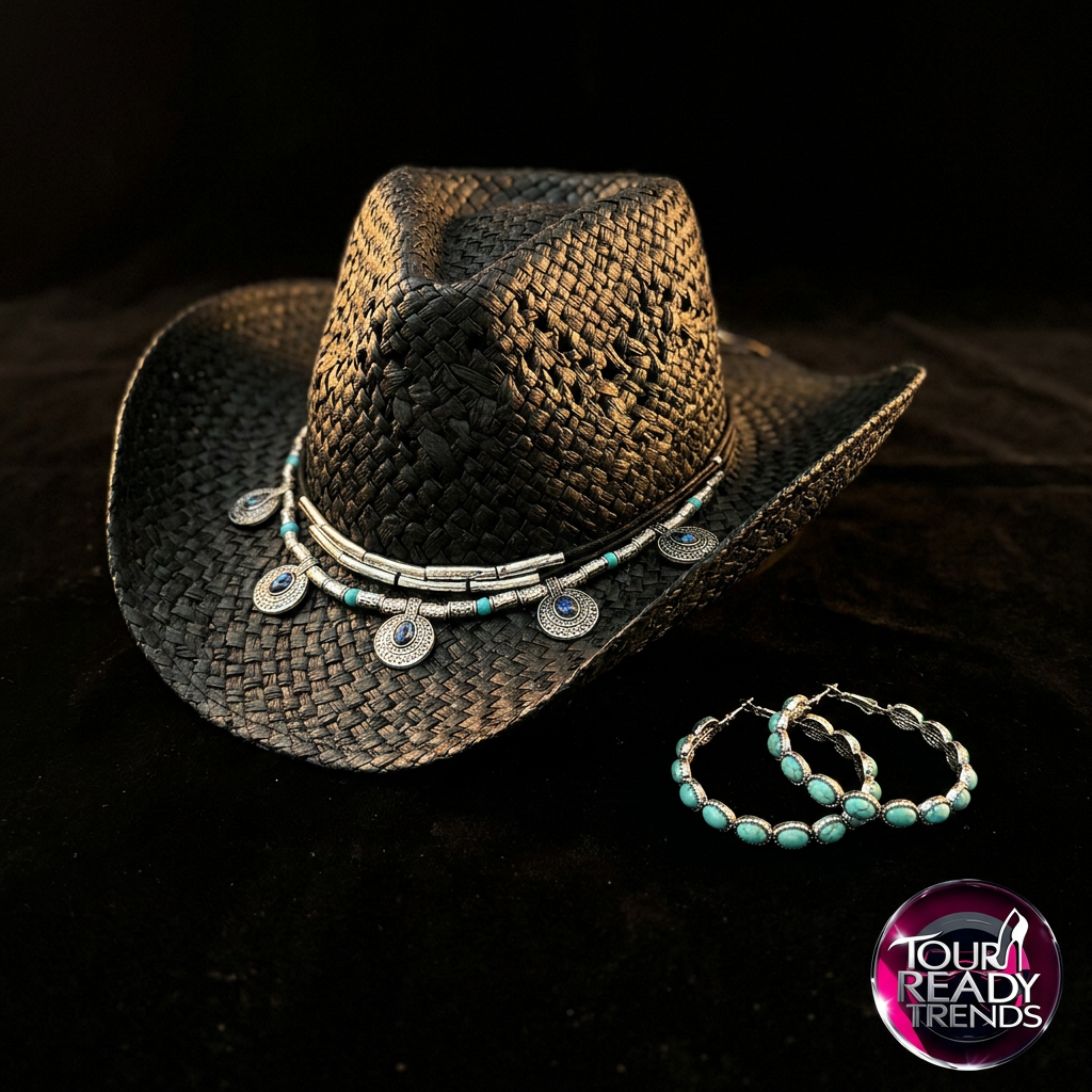 Image of A woven black cowboy hat with a silver and turquoise band, displayed next to matching silver and turquoise hoop earrings on a black background. A 'Tour Ready Trends' logo is visible in the bottom right corner.
