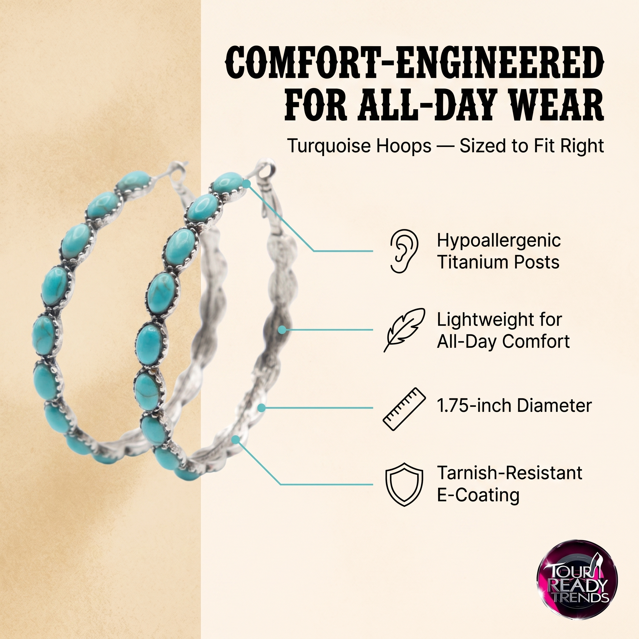 Image of Turquoise hoop earrings with silver-toned textured bands and oval turquoise stones, shown on a beige graphic background with marketing text and callout icons for hypoallergenic titanium posts, lightweight comfort, 1.75-inch diameter, and tarnish-resistant e-coating.
