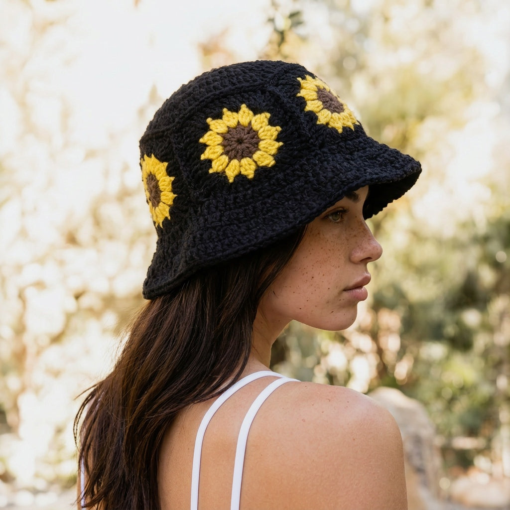 Image of A woman in profile wearing a black crocheted bucket hat decorated with yellow and brown sunflower motifs, set against a softly blurred outdoor background.