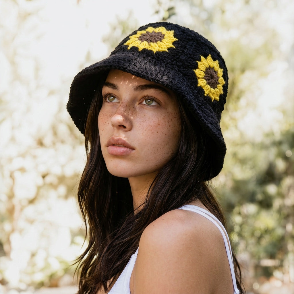 Image of A woman wearing a black boho crocheted bucket hat with two yellow sunflower designs, photographed outdoors against a bright, blurred background.