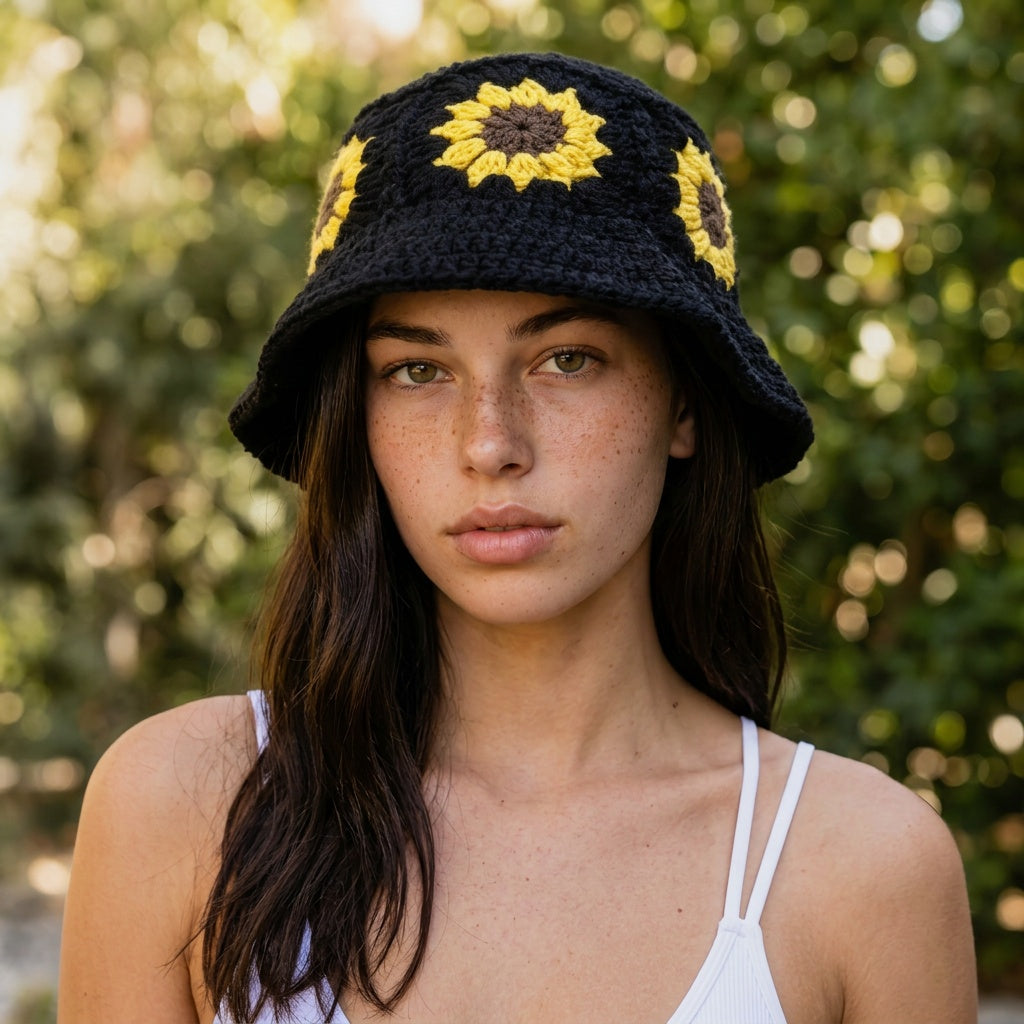 Image of A woman wearing a black crocheted bucket hat with yellow sunflower designs, photographed outdoors against a blurred green foliage background.
