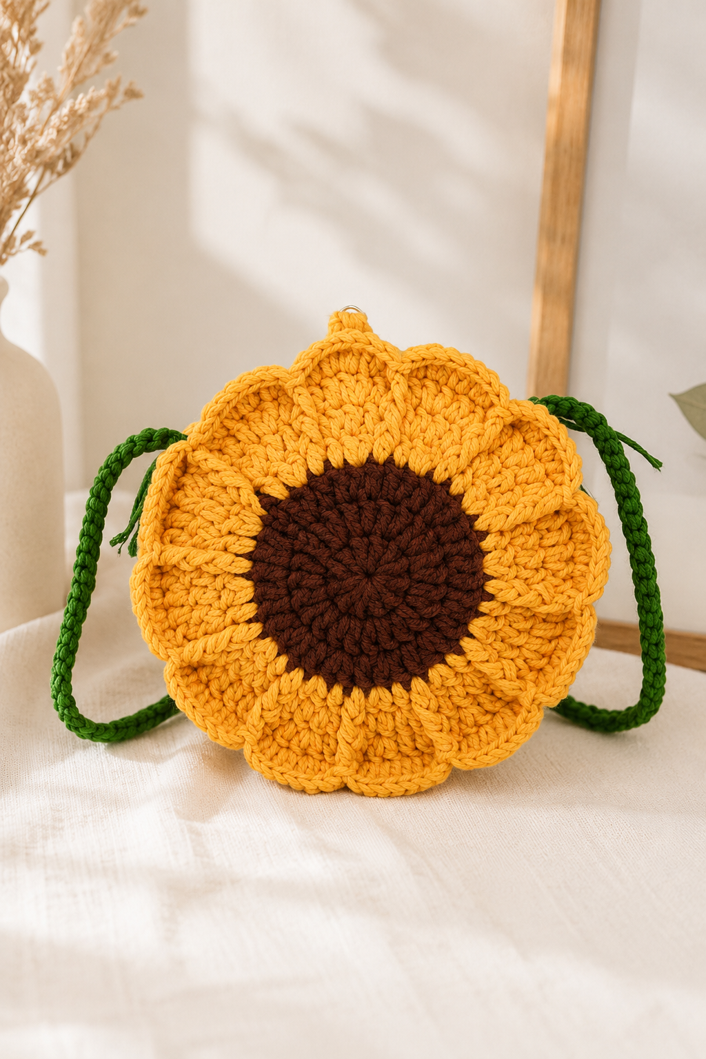 Image of A crocheted sunflower purse with a bright yellow body, a dark brown center, and green handles, resting on a white fabric surface.
