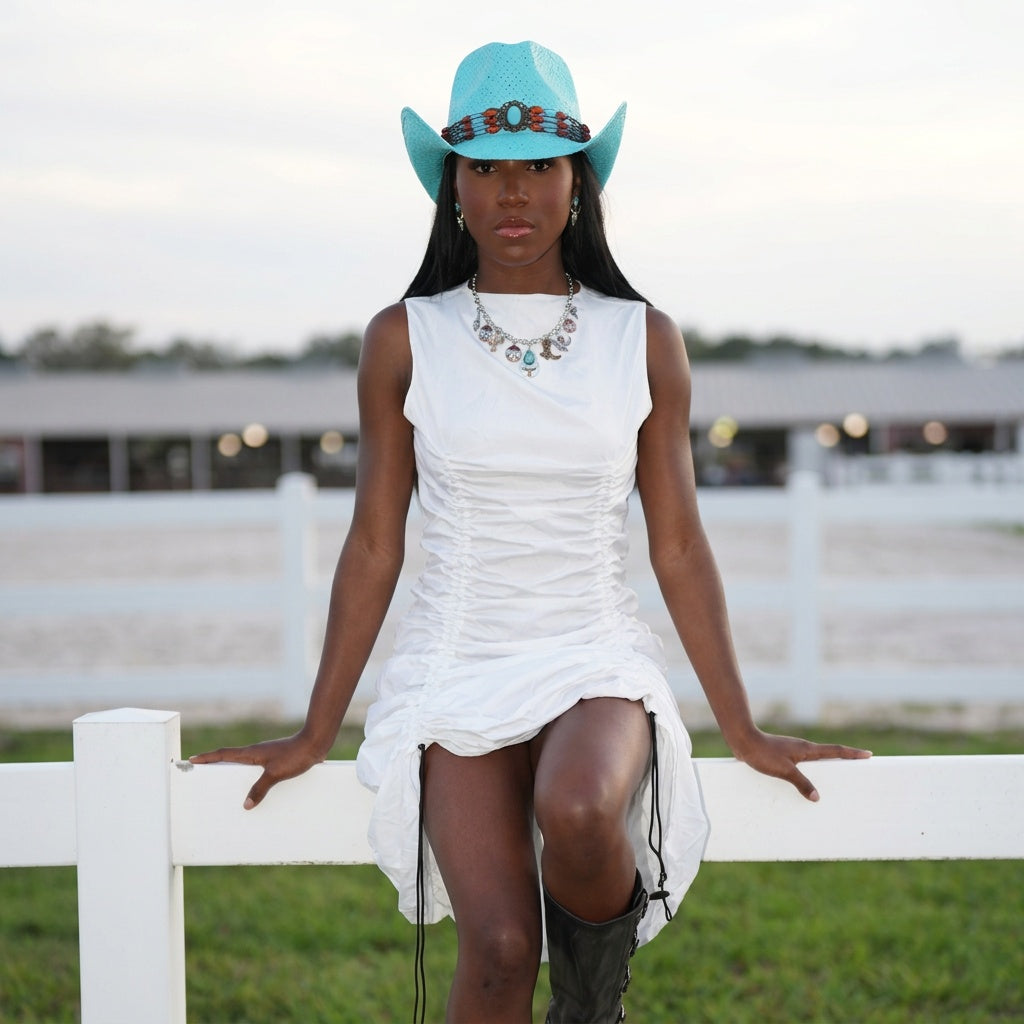 Image of A woman wearing a white sleeveless ruched dress, a turquoise cowboy hat with a decorative band, and dark boots, leaning on a white fence in an outdoor setting.