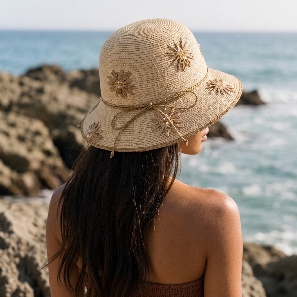 Image of A woman seen from behind wearing a beige woven sun hat with decorative flower embellishments and a bow, standing on rocky shore with the ocean in the background.