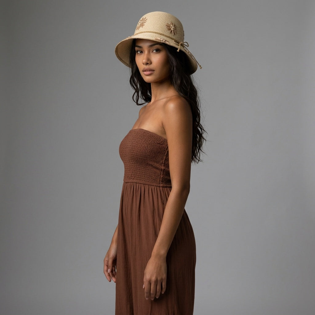 Image of A woman wearing a straw bucket hat standing from a side profile. 