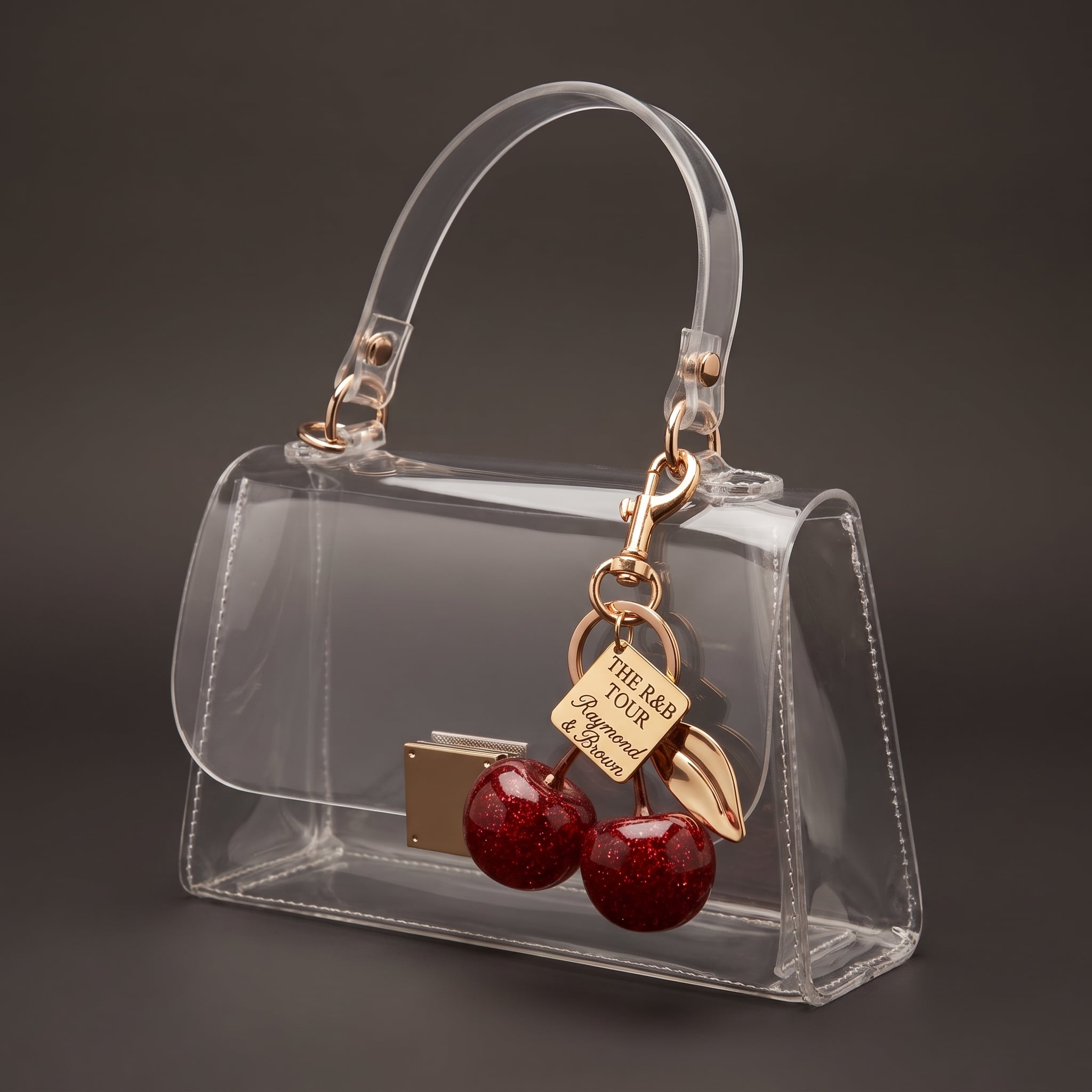 Image of Clear crossbody stadium bag with gold hardware and cherry charm on dark background