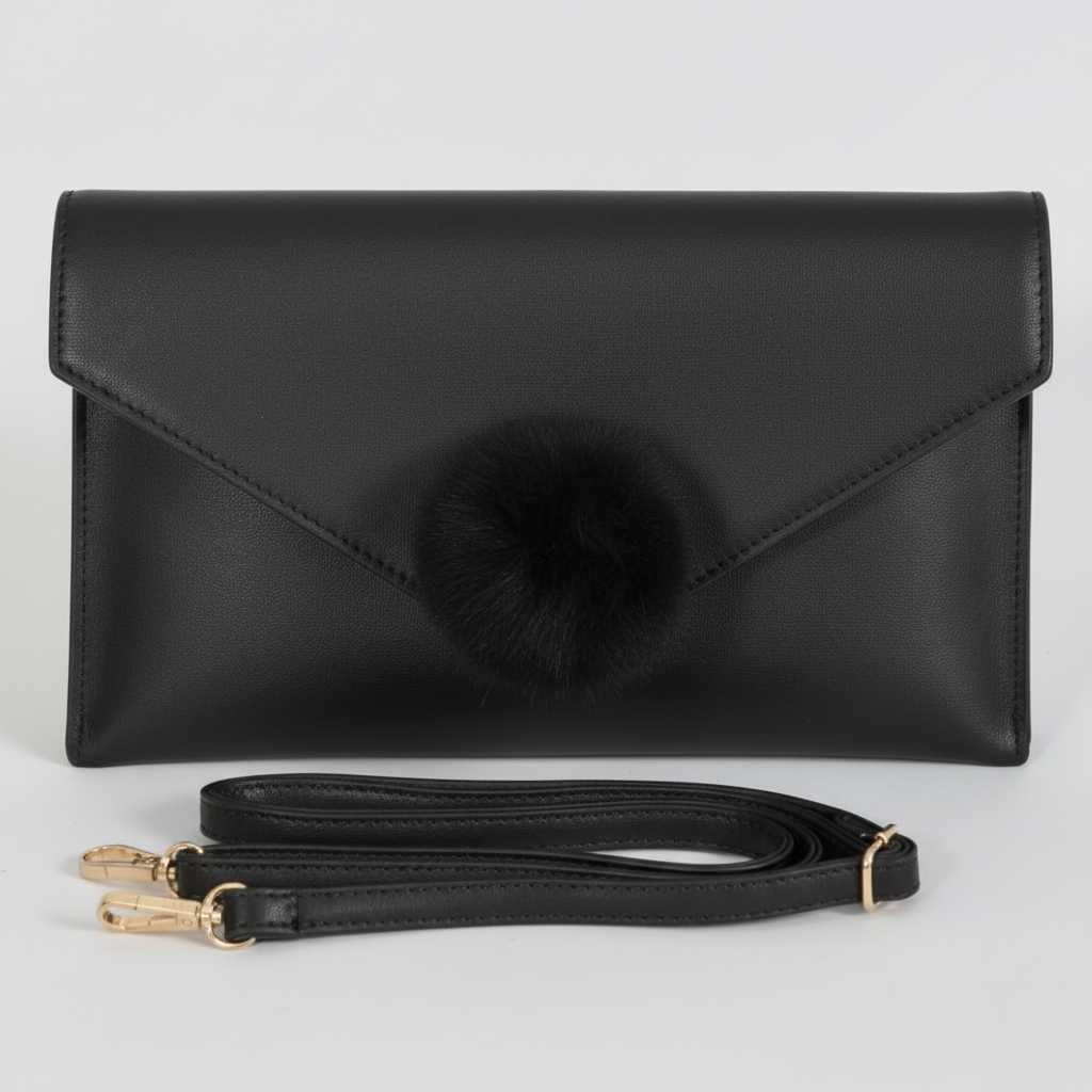Image of Bunny Pom Black Envelope Clutch Purse
