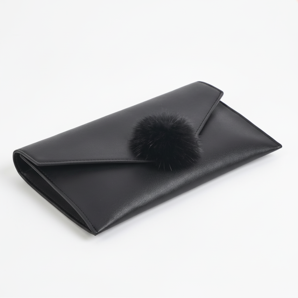 Image of Bunny Pom Black Envelope Clutch Purse
