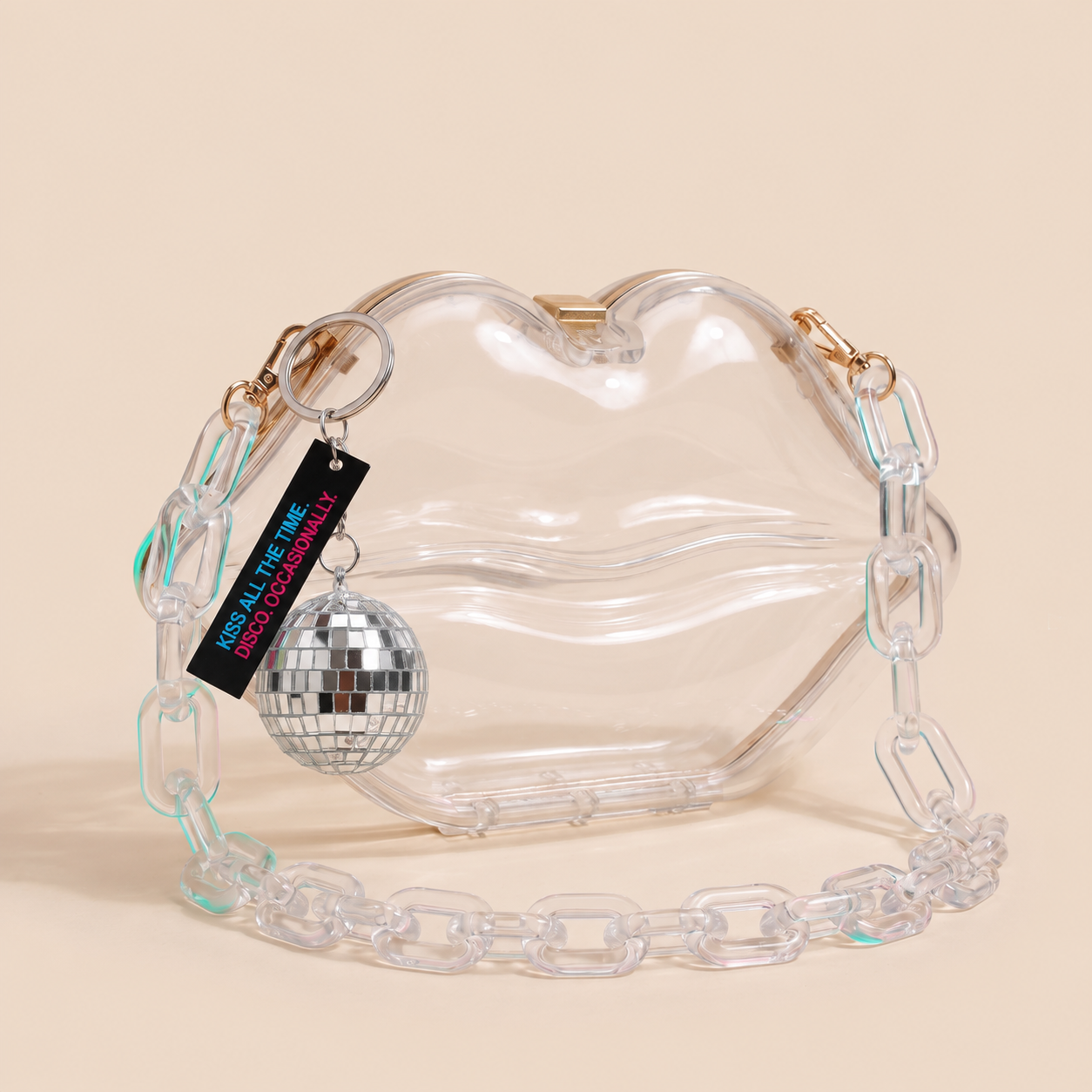 Image of Clear Kiss Purse with mirrored disco ball keycharm attached