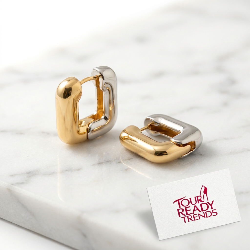 Image of Two-Tone Gold Silver Square Huggie Hoops