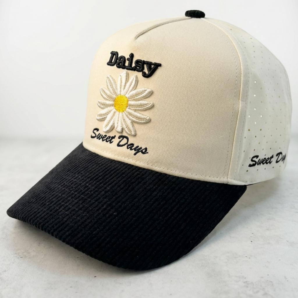 Image of Retro trucker hat product shot — cream cap with a black corduroy bill, embroidered daisy patch and 