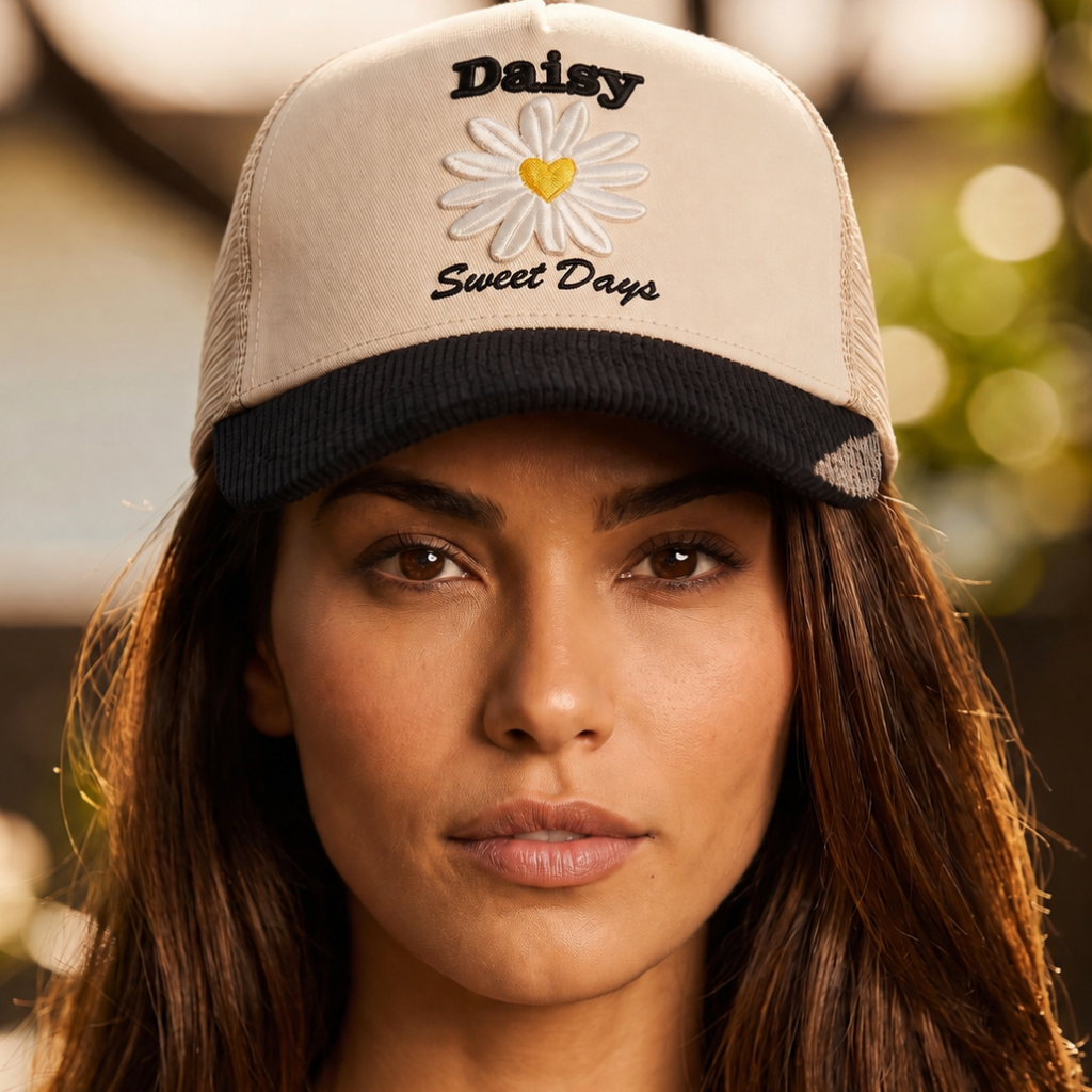 Image of Close-up of a woman wearing a retro trucker hat with an embroidered daisy patch and 