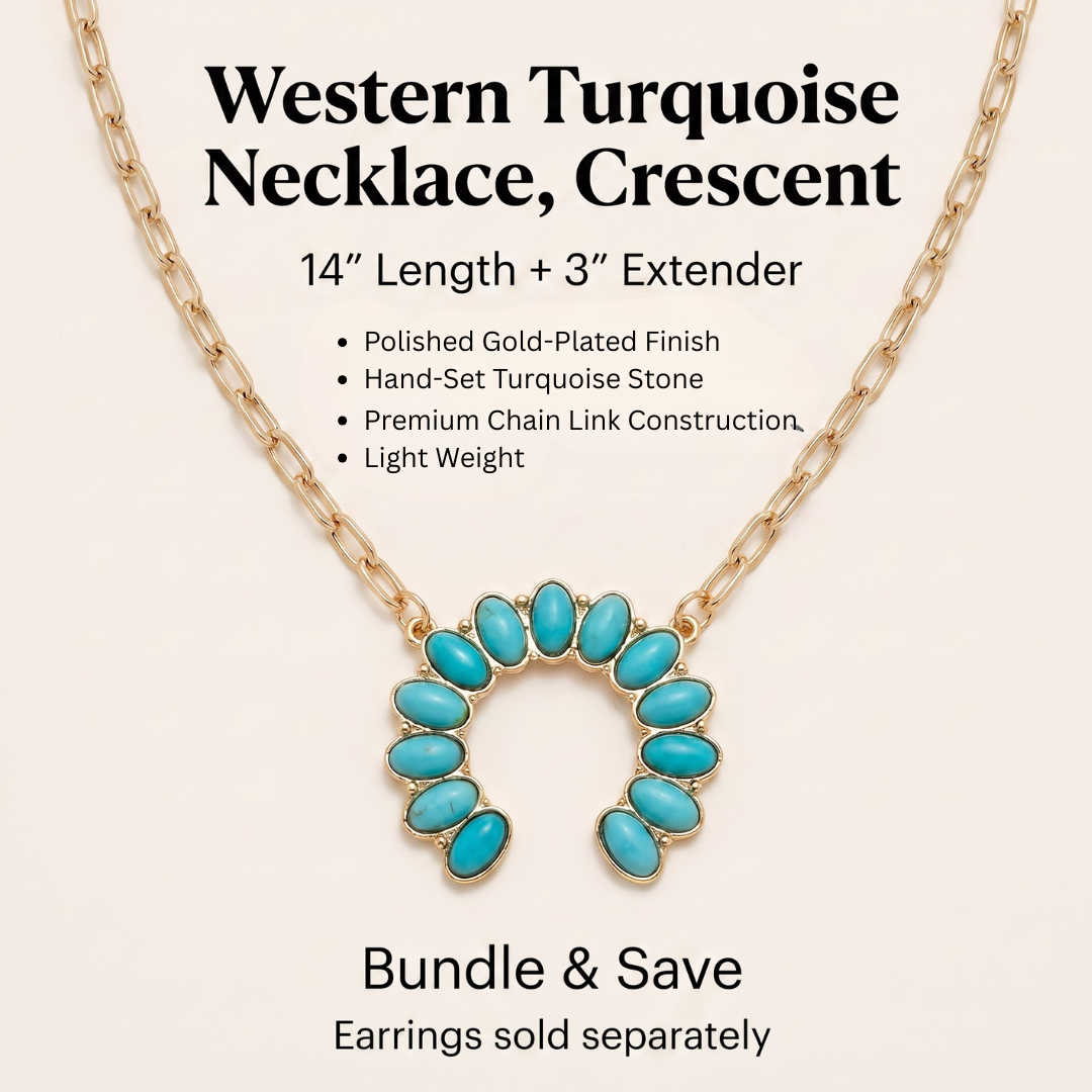 Image of Gold-plated crescent-shaped Western Turquoise necklace with a 14-inch chain and 3-inch extender, featuring a curved row of turquoise stones in bezel settings. Text on the image highlights the polished finish, hand-set stones, premium chain construction, and light weight, with a note that earrings are sold separately.
