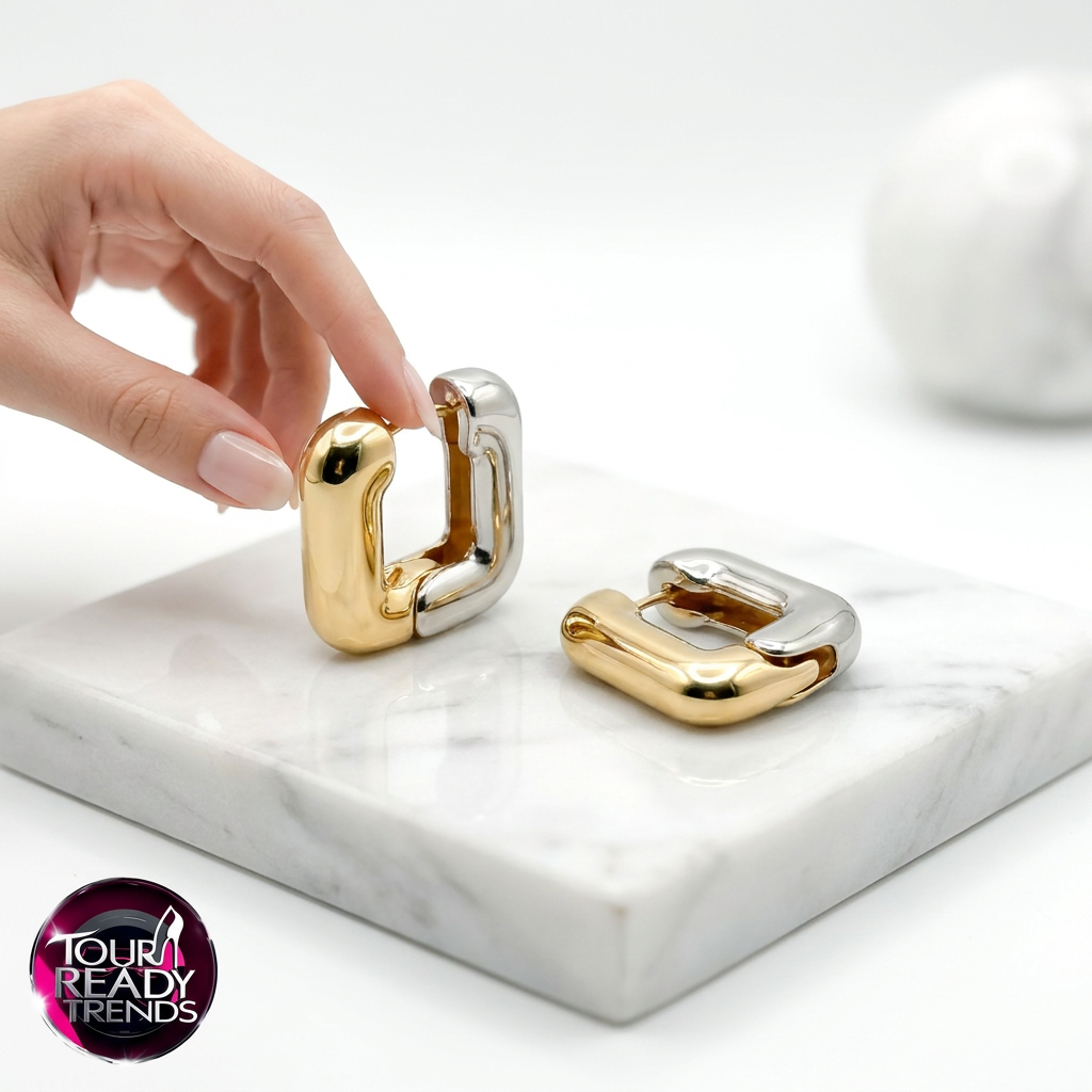Image of Two-Tone Gold Silver Square Huggie Hoops