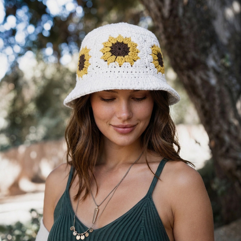 Image of A woman wearing a white crocheted bucket hat decorated with three yellow and brown sunflower motifs, photographed outdoors against a blurred tree and foliage background.