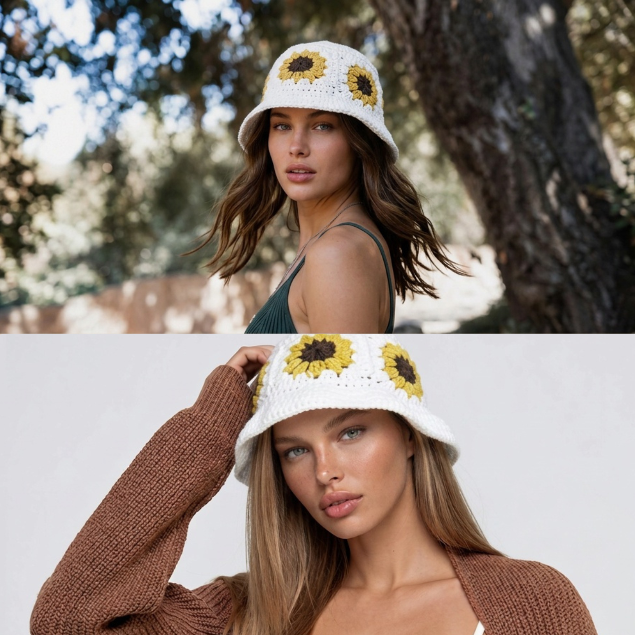 Image of Vintage inspired white crocheted bucket hat with yellow and brown sunflower details, shown in two stacked photos: one outdoors with trees in the background and one against a plain light background.