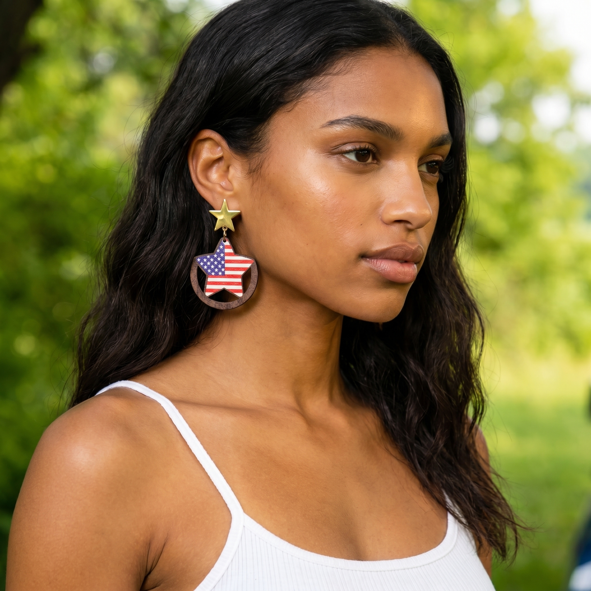 Image of Wooden USA Flag Star Drop Earrings