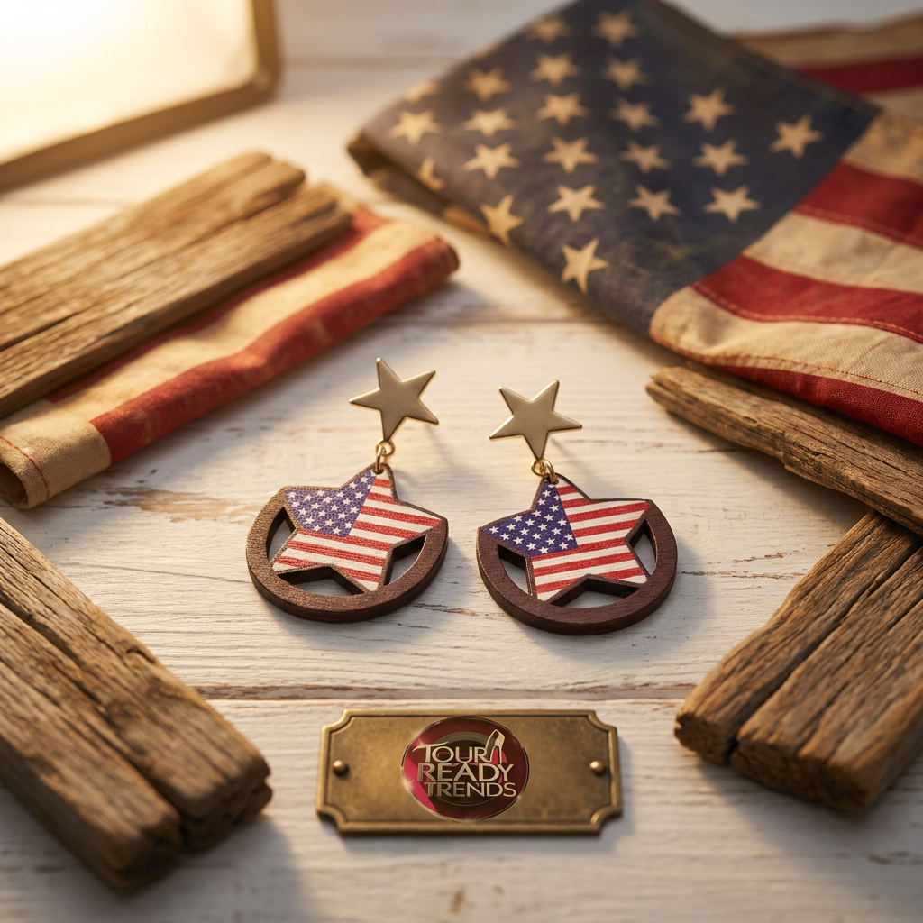 Image of Wooden USA Flag Star Drop Earrings