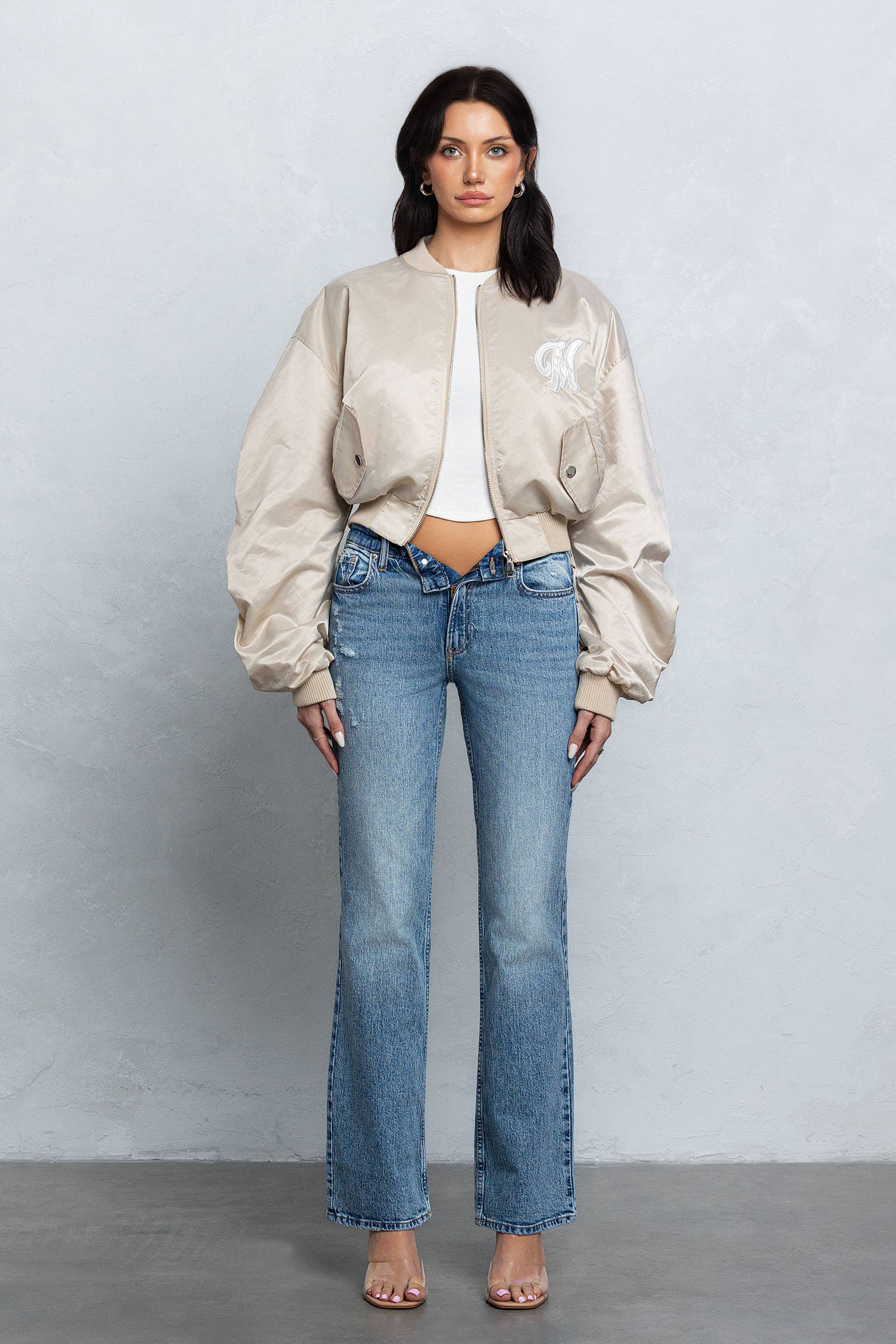 Image of Satin zipper bomber jacket w/ pu patch embroidery