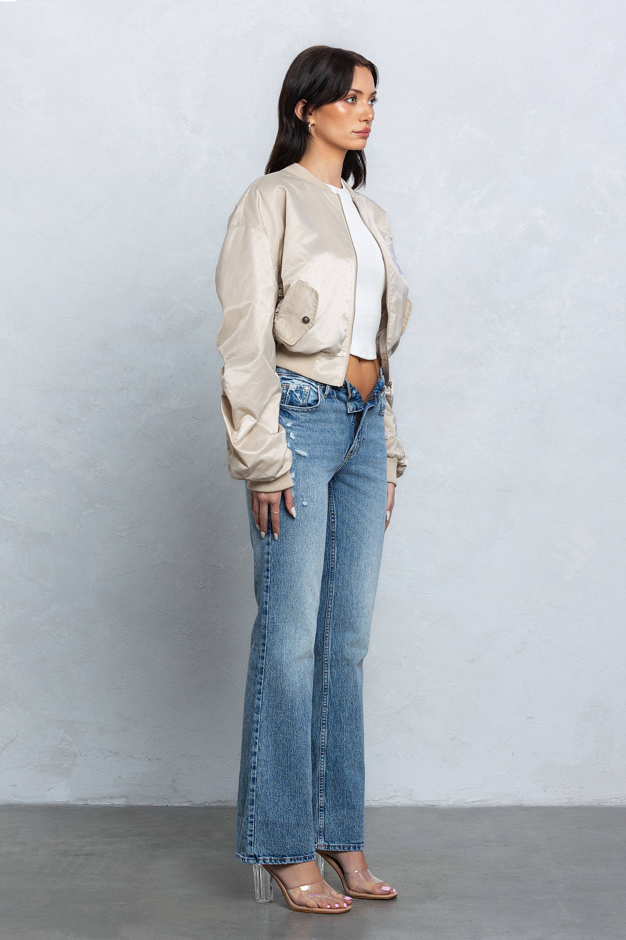 Satin zipper bomber jacket w/ pu patch embroidery