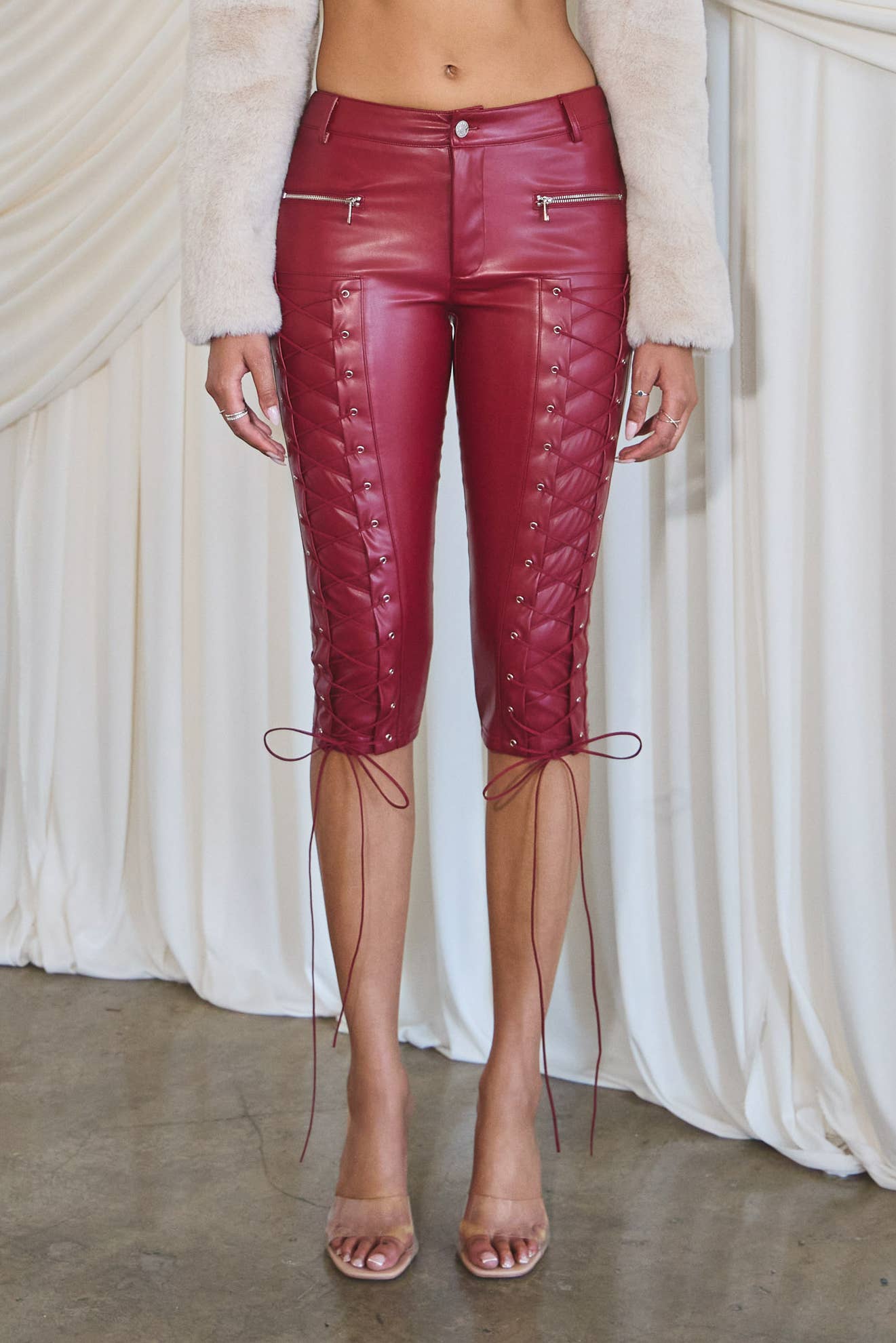 Lace up detail pleather capri pants