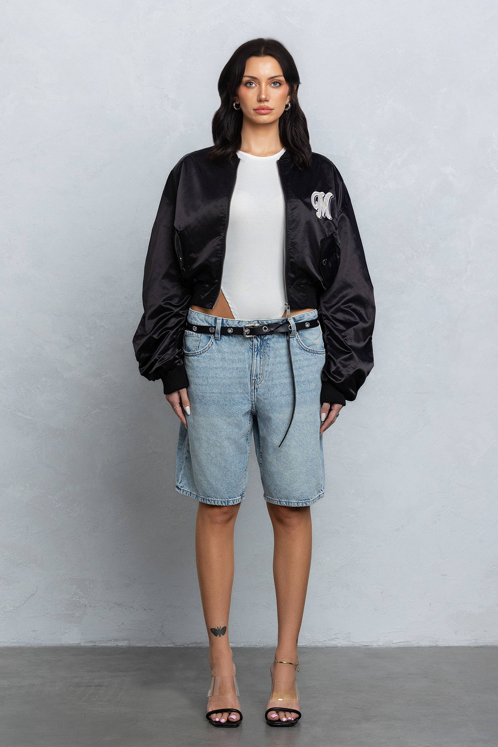 Satin zipper bomber jacket w/ pu patch embroidery