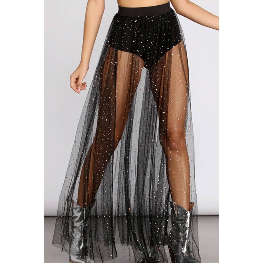 Image of Maxi Sexy Sheer Mesh Bronzing Big Hem Skirt