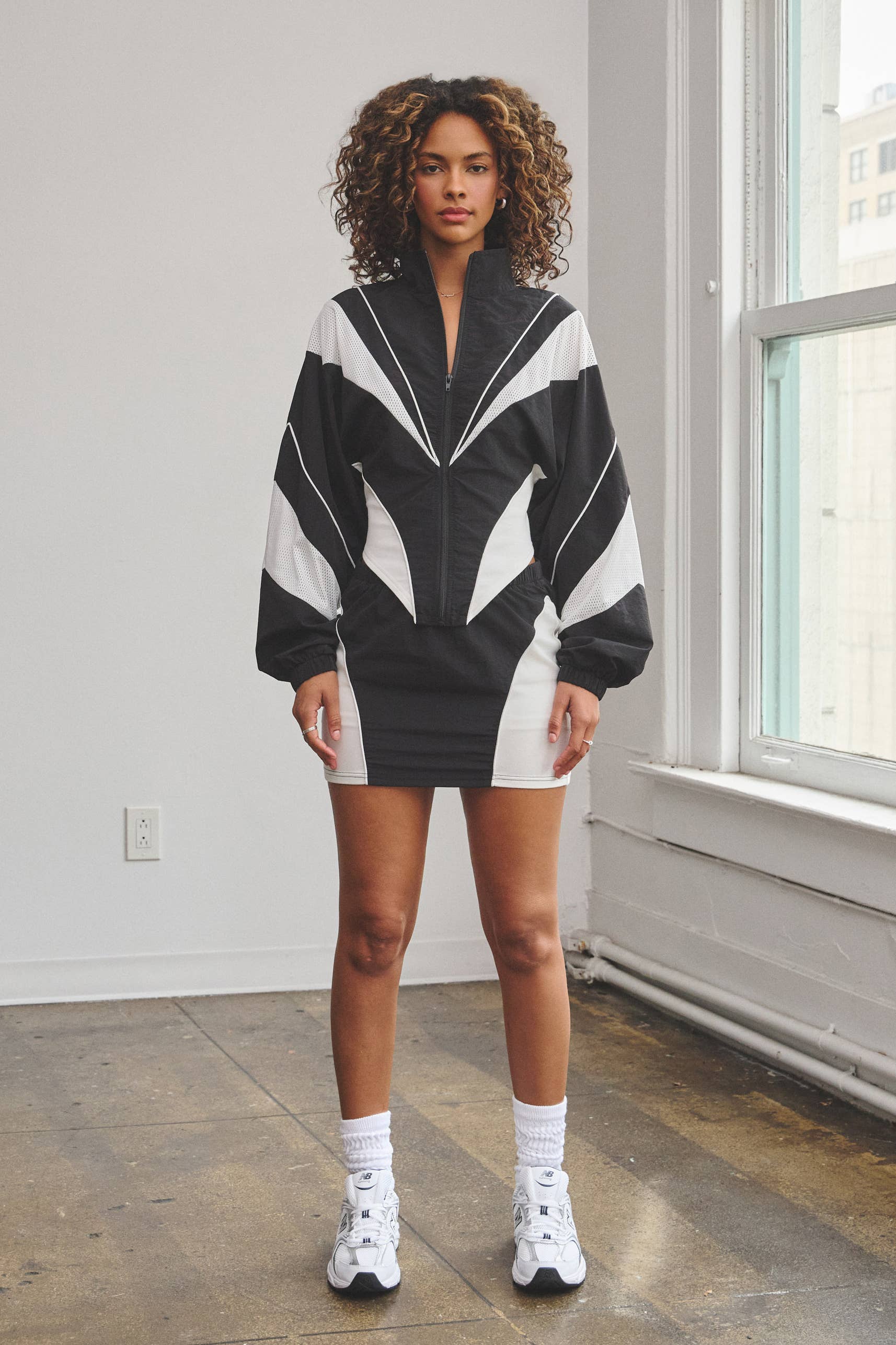 Nylon & mesh contrast track suit top & mini skirt set