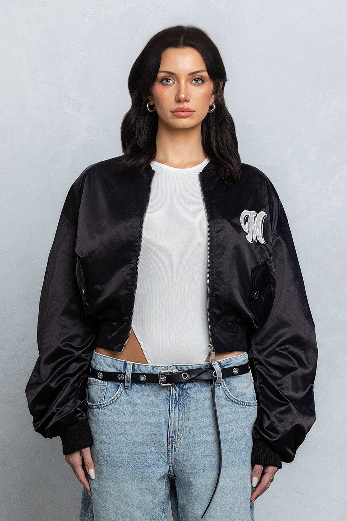 Image of Satin zipper bomber jacket w/ pu patch embroidery