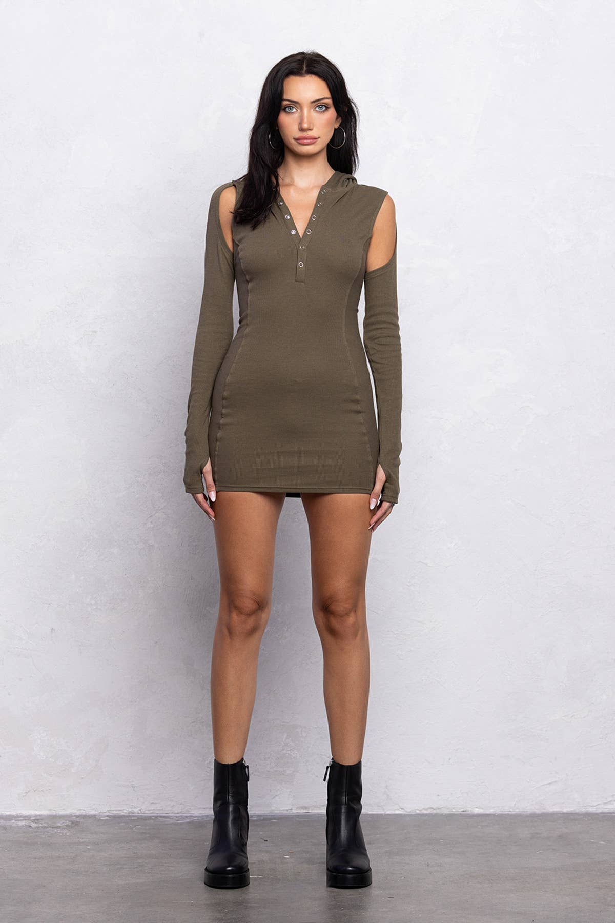 Ribbed hoodie mini dress w/ cut out details