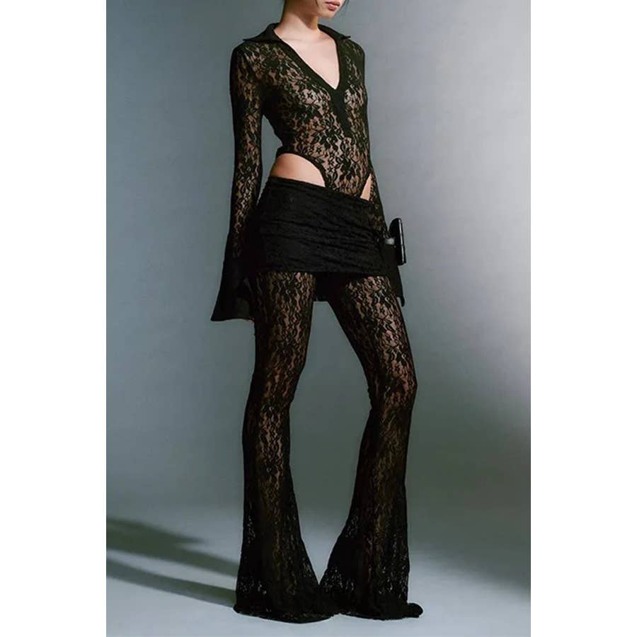 Sexy Patchwork Lace See Through Straight Pants