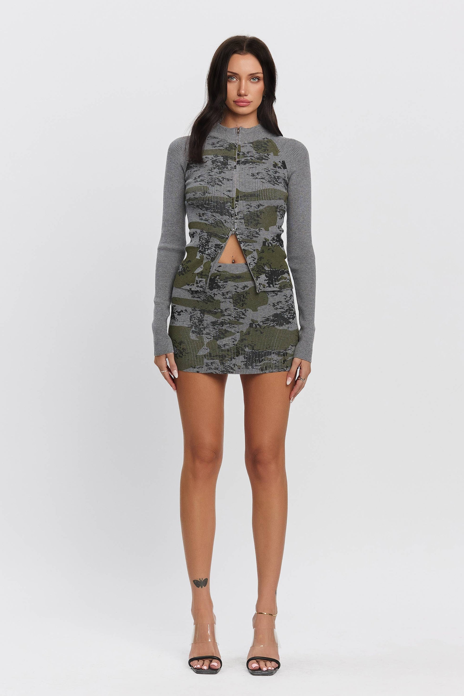 Camo print ribbed knit zip up top & skirt set