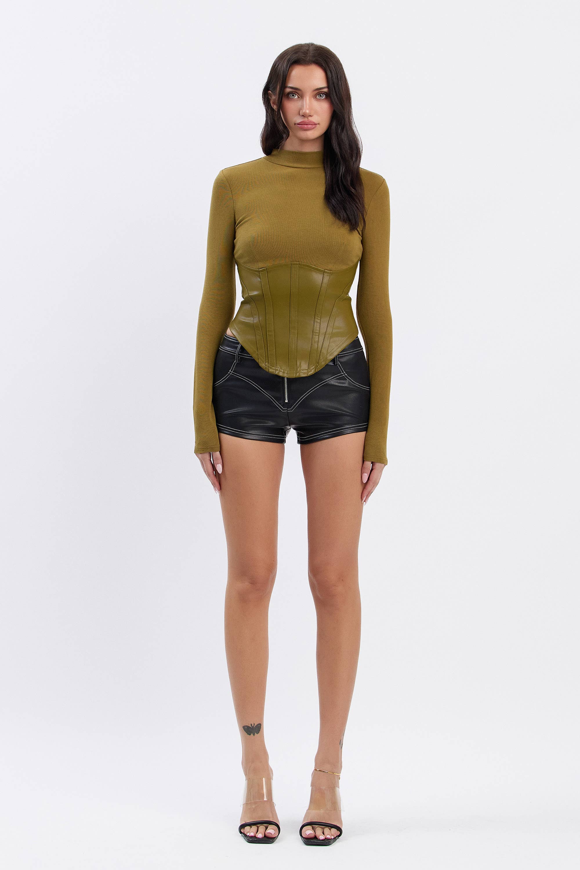 Image of Soft ribbed mock neck top w/ pu contrast