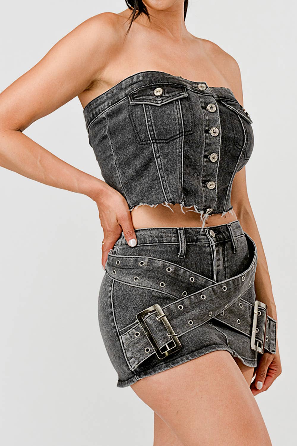 Image of Acid Washed Black Strapless Denim Set