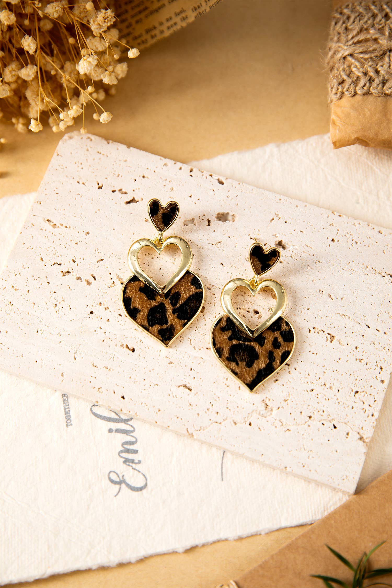 Image of Leopard Print Triple Heart Dangle Earrings