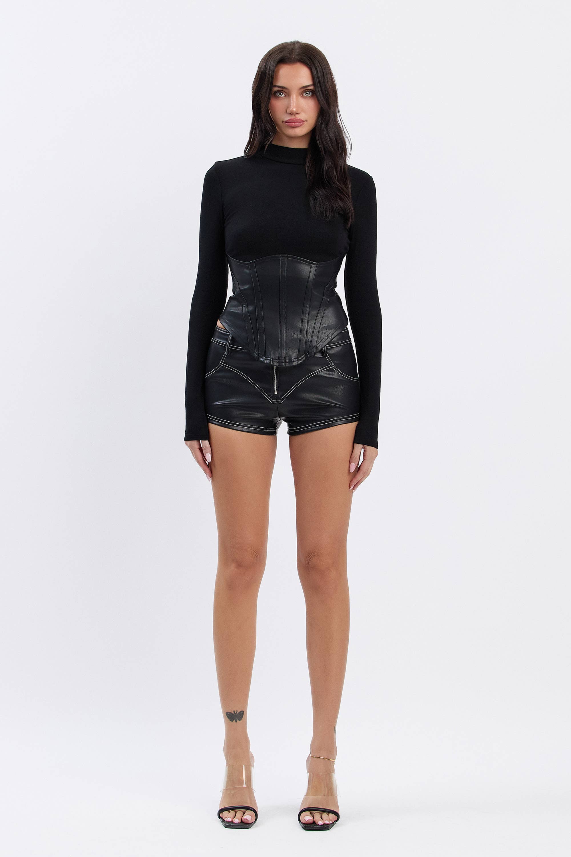 Image of Soft ribbed mock neck top w/ pu contrast