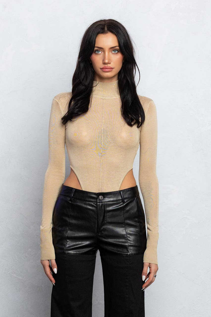 Image of Thin knit mock neck bodysuit (white)